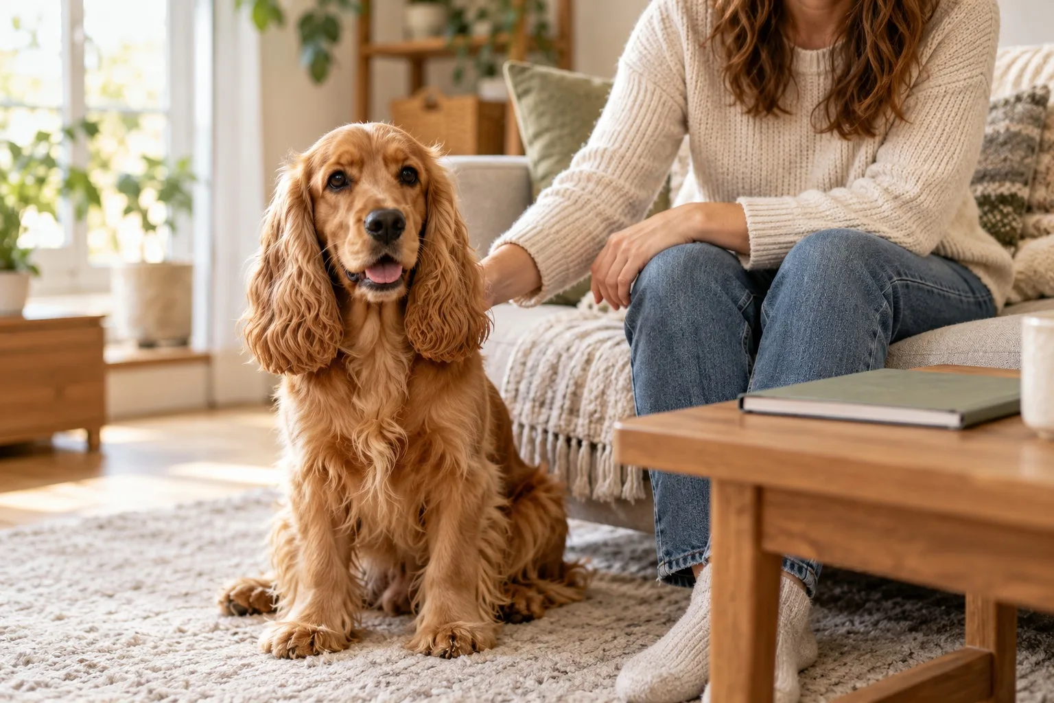 Illustrative golden Cocker Spaniel sitting on a rug beside its owner